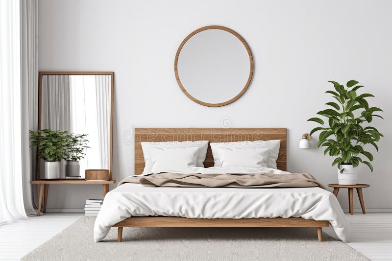 Minimalist Bedroom Interior Design with King Bed, Plants, Frames and Mirror. Generative AI Stock