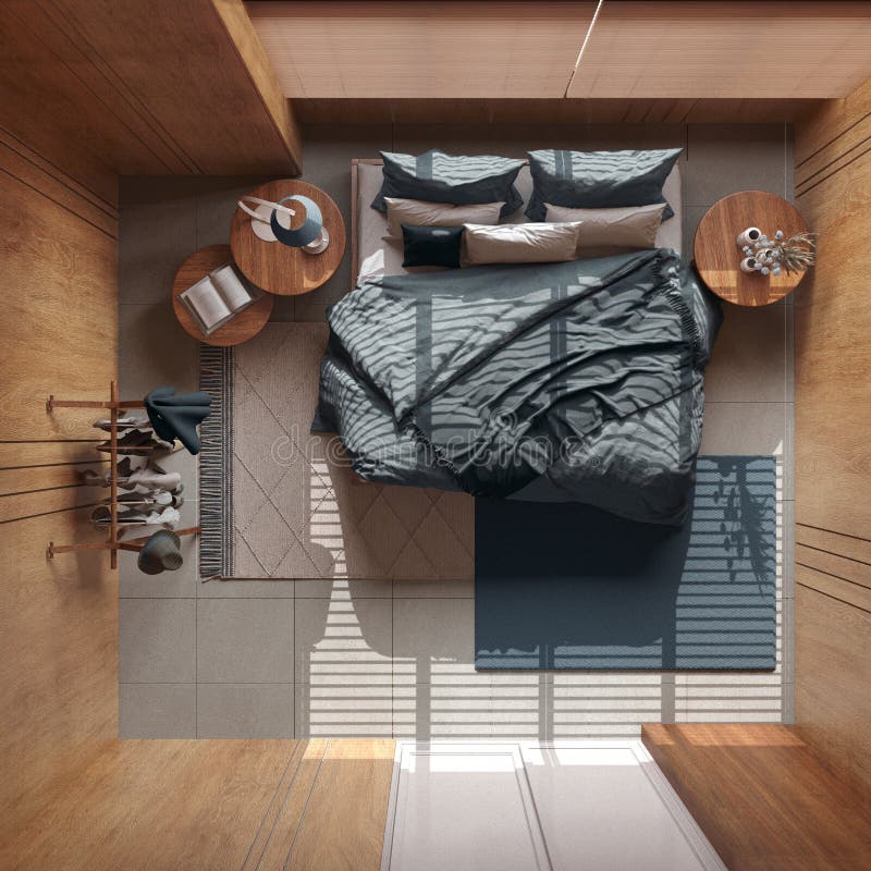 Minimalist bedroom with wooden walls in blue and beige tones. Double bed with pillows, coat hanger, carpets and decors. Japandi