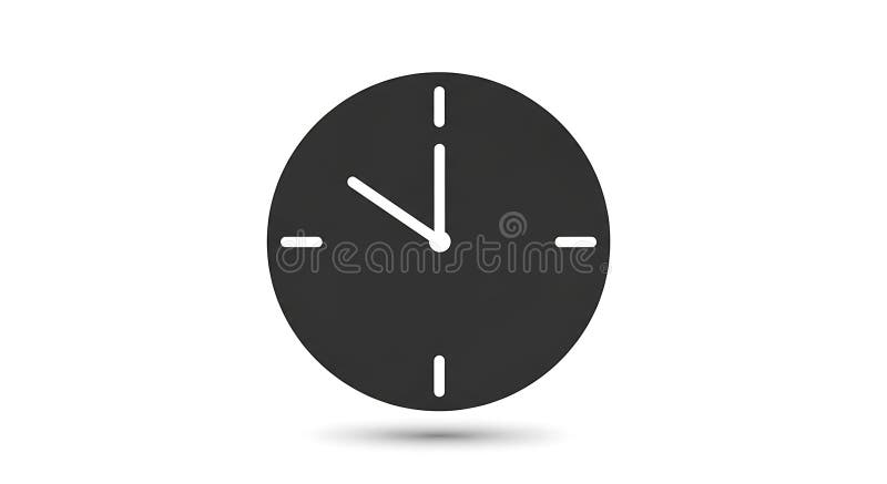Minimalist black circular clock face with white hour and minute hands indicating stock illustration