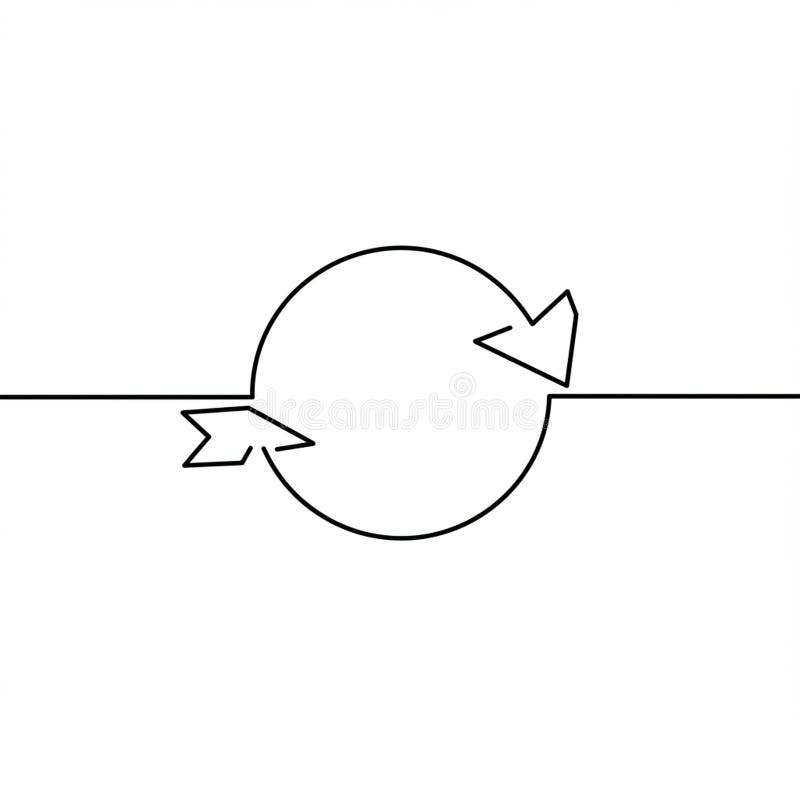 A minimalist black-and-white line drawing features a circle intersected by two arrows. The arrows begin as a straight line, pointing in opposite directions as they loop within the circle, suggesting a continuous cycle. The design's simplicity and lack of additional elements highlight a sense of motion or flow, capturing the concept of circulation or feedback loops. Drawing feedback illustrations