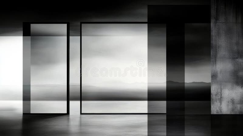 The image presents a striking black and white composition featuring a large rectangular window or glass panel that dominates the center. The window is divided into two sections by a black frame, creating a layered effect. The background of the image is a hazy, gray landscape with mountains visible through the window. The window is set against a concrete wall, which adds a textural element to the scene. The floor is a dark gray or black, and the overall lighting is dim, with the window and the landscape being the primary light sources. Large rectangular light source stock images, royalty-free photos and pictures