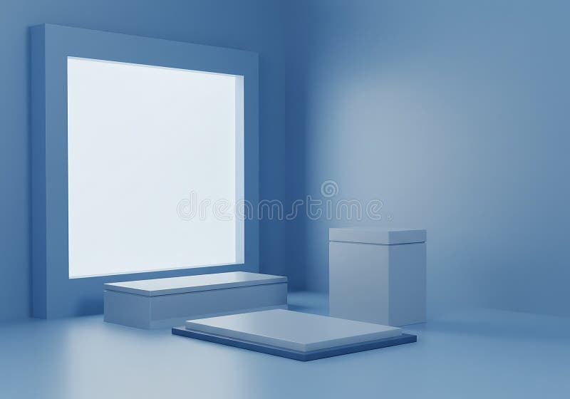 Minimalist Blue Room with Empty Podiums and Glowing Frame stock illustration