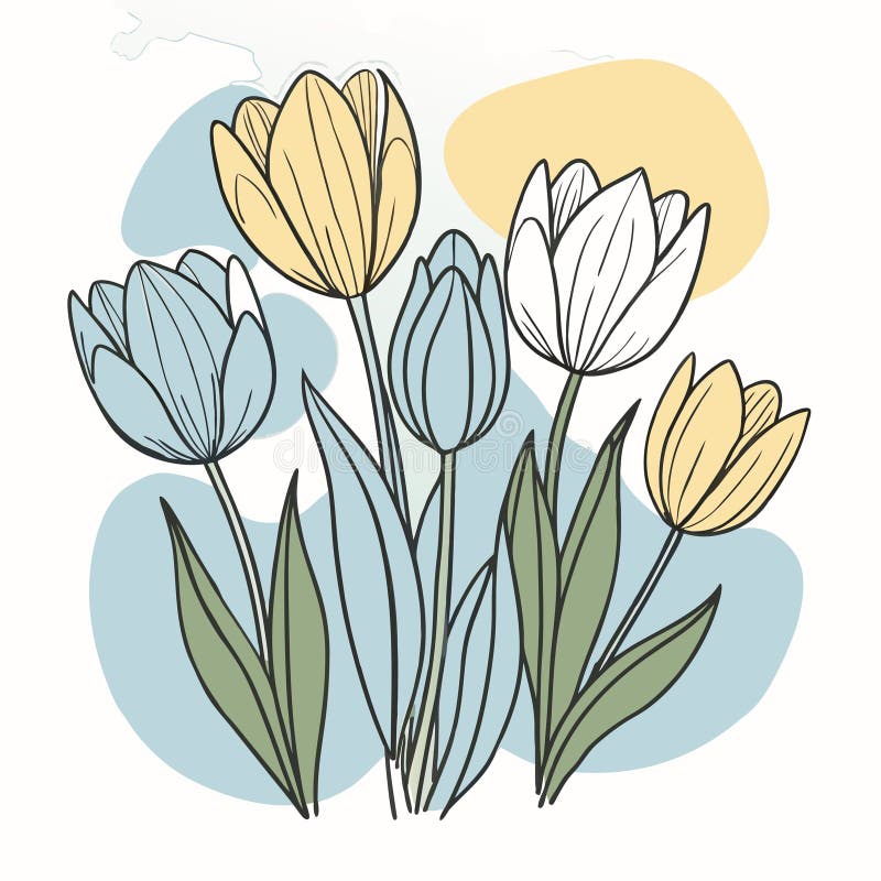 Minimalist blue and yellow tulips with green leaves and blue background vector illustration