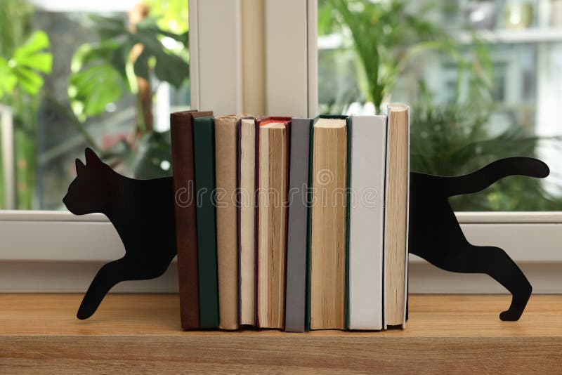 Minimalist cat bookends with books on window sill indoors