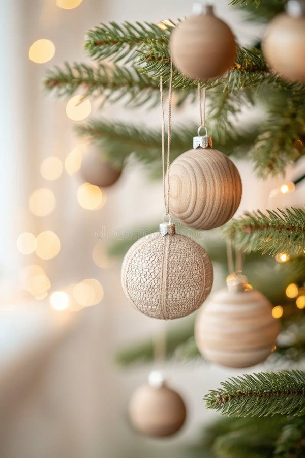 Minimalist christmas tree decor with rustic wooden ornaments royalty free stock images