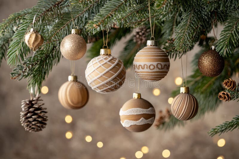 Minimalist christmas tree decor with rustic wooden ornaments royalty free stock photo