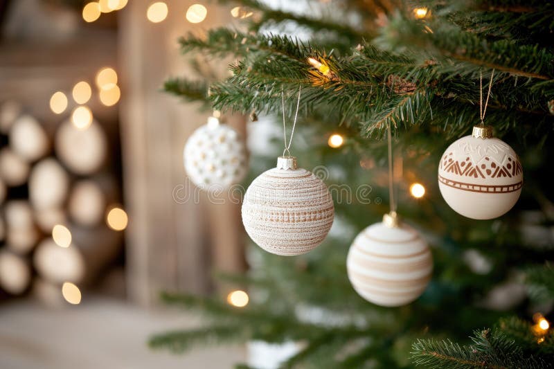 Minimalist christmas tree decor with rustic wooden ornaments stock photography
