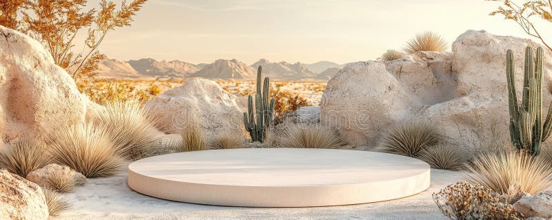 Minimalist circular podium in a serene desert landscape setting stock images