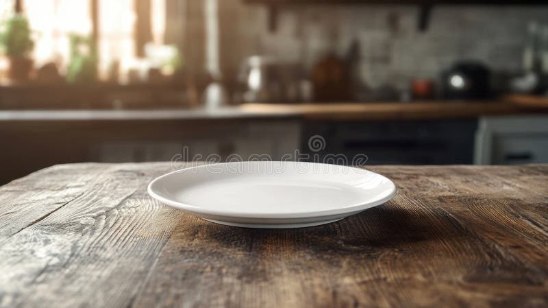 A white ceramic plate resting on a rustic wooden countertop in an industrial loft-style kitchen. Cleanplate illustrations