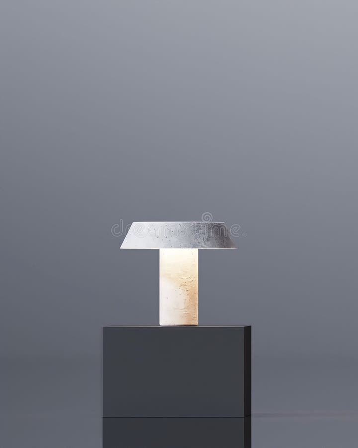 A minimalist concrete table lamp with a wide, flat shade sits on a black platform against a gray background. The lamp emits a warm royalty free illustration