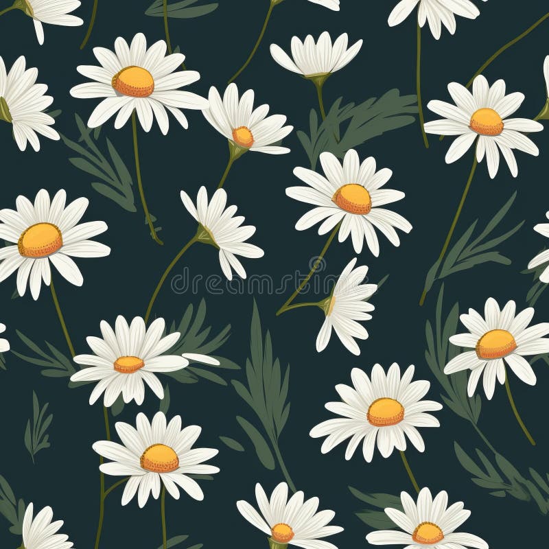 Minimalist Daisy Vector Pattern With Green Leaves - Seamless Design royalty free stock photography