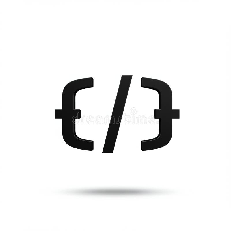 A minimalist design featuring a solid black slash symbol with curly braces on either stock illustration