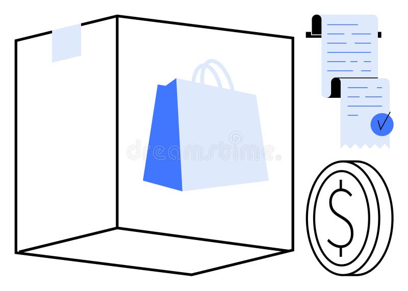 Online Shopping and Secure Payment Concept with Shopping Bag and Digital Receipts stock illustration
