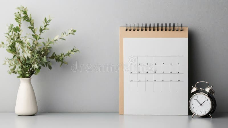 Minimalist desk setup with calendar, clock, and vase of greenery vector illustration