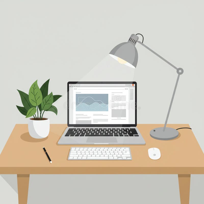 A minimalist desk setup features a wooden table with a laptop displaying a graph, a stock illustration