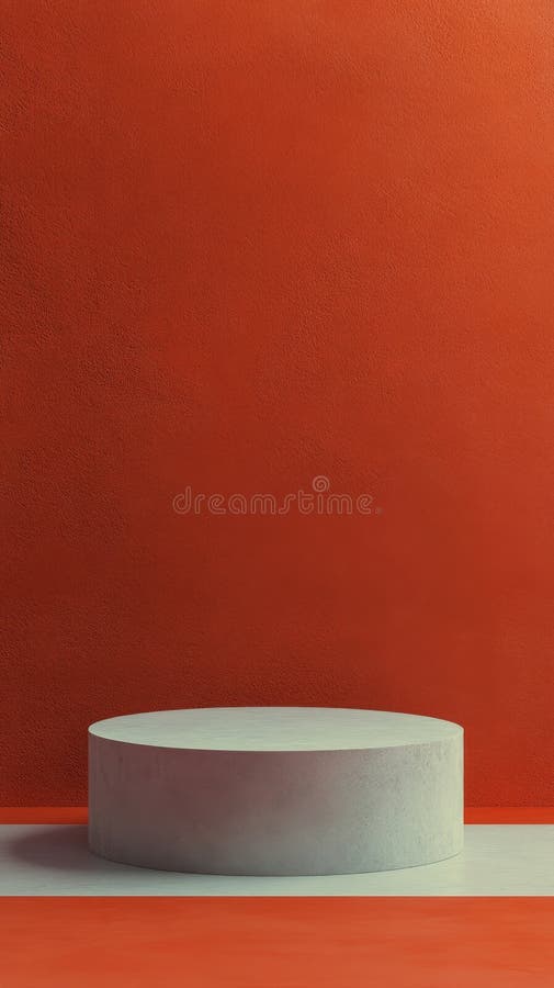 Minimalist display platform with orange geometric shapes and gradient background in modern art style. A circular white display platform is set against a vibrant backdrop of orange geometric shapes. The striking colors create a bold aesthetic, ideal for showcasing art or products. AI Generative AI generated