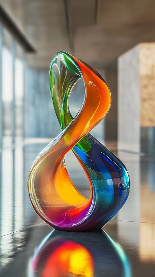 Minimalist and elegant abstract glass sculpture with a fluid infinity loop design, displayed in a modern interior stock photos