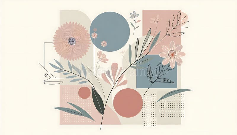 Minimalist floral design with abstract geometric patterns, soft pastel colors, and flower motifs vector illustration