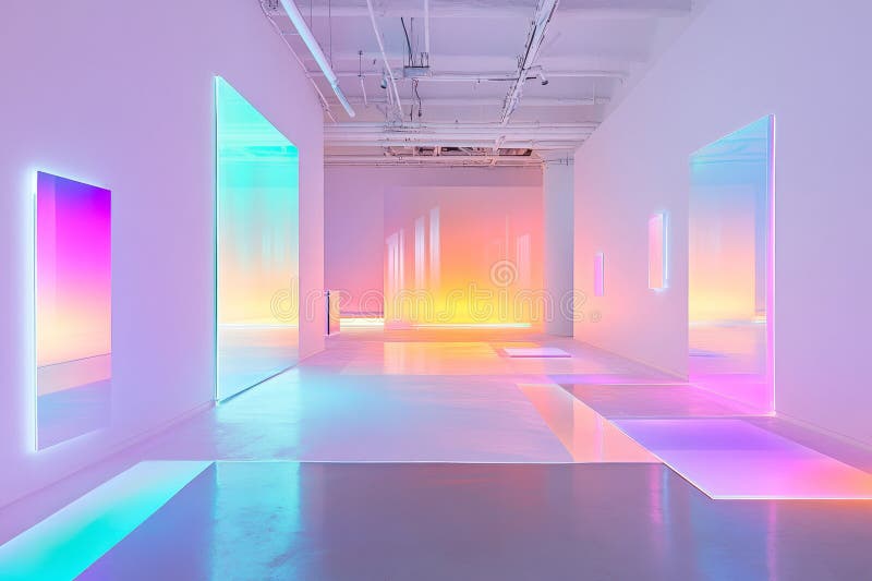 A minimalist futuristic art gallery 3D background room with large white walls displaying interactive