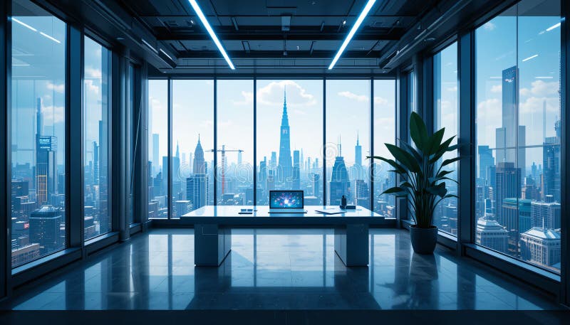 Minimalist futuristic office with cityscape view and glass walls vector illustration