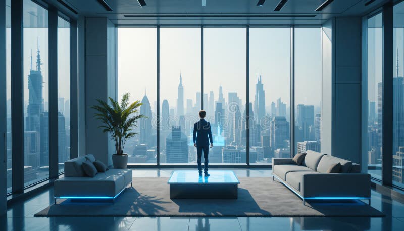 Minimalist futuristic office with glass walls and city skyline stock illustration