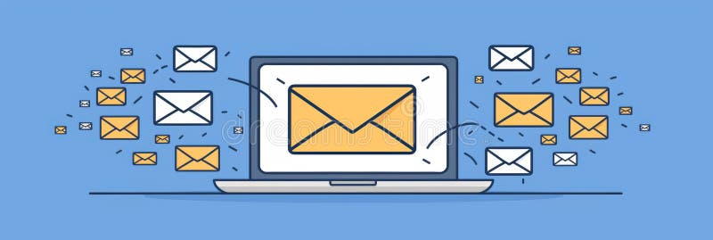 Listă de e-mailuri geometrice minimaliste afișate pe ecranul laptopului pentru o organizație eficientă stock illustration