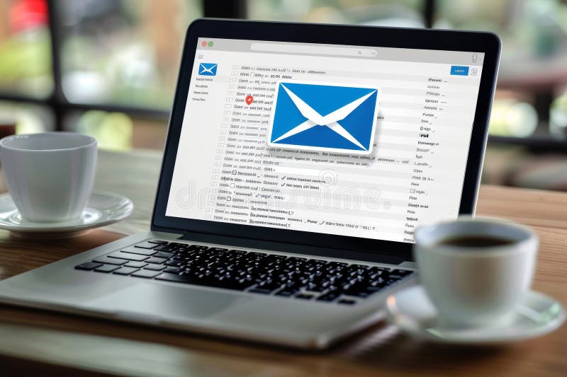 Listă de e-mailuri geometrice minimaliste afișate pe ecranul laptopului pentru o organizație eficientă stock illustration