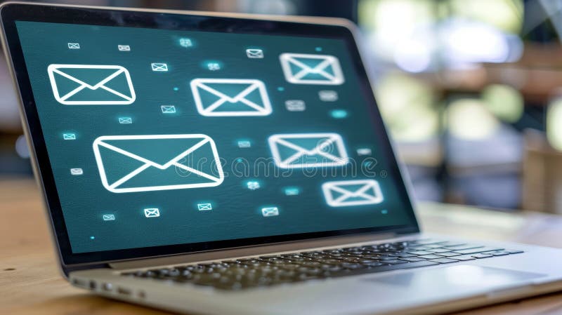 Plicuri geometrice minimaliste pe ecranul laptopului care afișează lista de e-mail pentru o organizație eficientă stock illustration