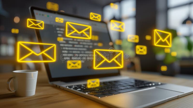 Plicuri geometrice minimaliste pe ecranul laptopului care afișează lista de e-mail pentru o organizație eficientă stock illustration