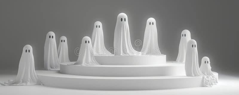 Minimalist high-resolution poster featuring eight ghost figures on tiered white platform royalty free stock photos