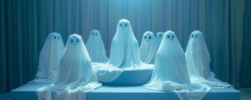 Minimalist high-resolution poster featuring eight ghost figures on tiered white platform stock images