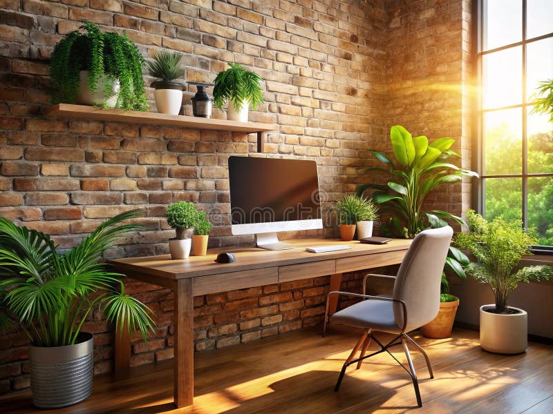 Minimalist Home Office Setup with Brick Wall Plants and Computer a
