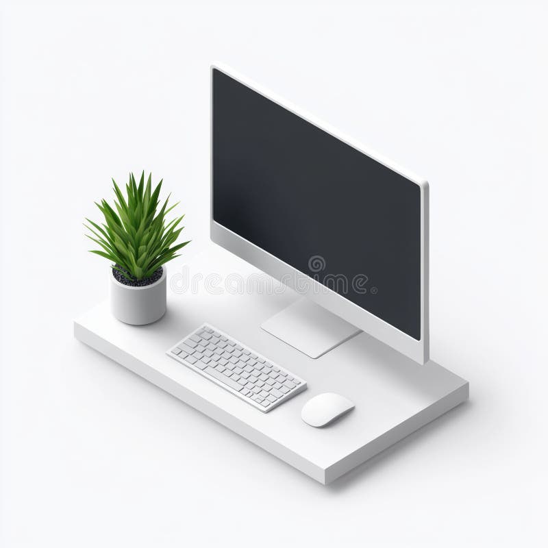 Minimalist Home Office Setup with Computer and Potted Plant Decoration vector illustration