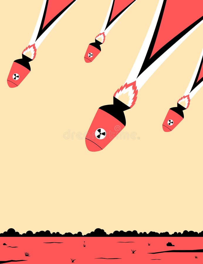 Minimalist illustration of atomic bombs being dropped on land royalty free illustration