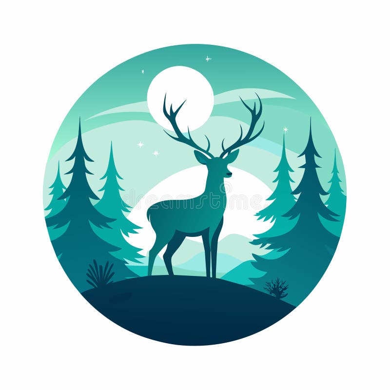 A minimalist illustration of a deer standing in a tranquil forest setting under a full moon, Deer in a serene forest setting vector illustration