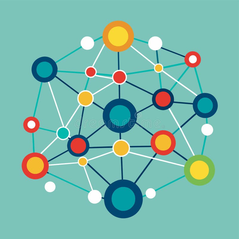 A minimalist illustration depicting connectivity and knowledge through interconnected circles of various colors, A minimalist royalty free illustration