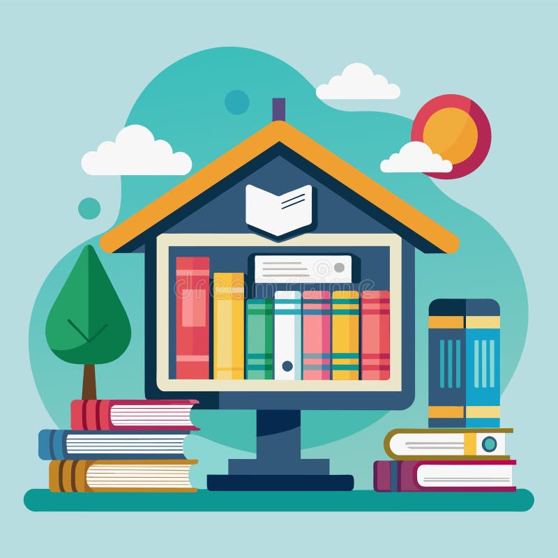 A minimalist illustration depicting a virtual library with a house-shaped icon and rows of books, A minimalist representation of a royalty free illustration