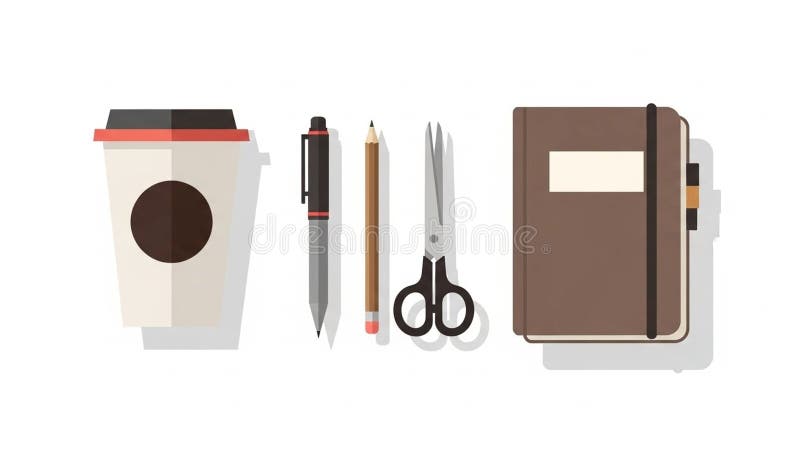 A minimalist illustration features office essentials on a plain background stock illustration