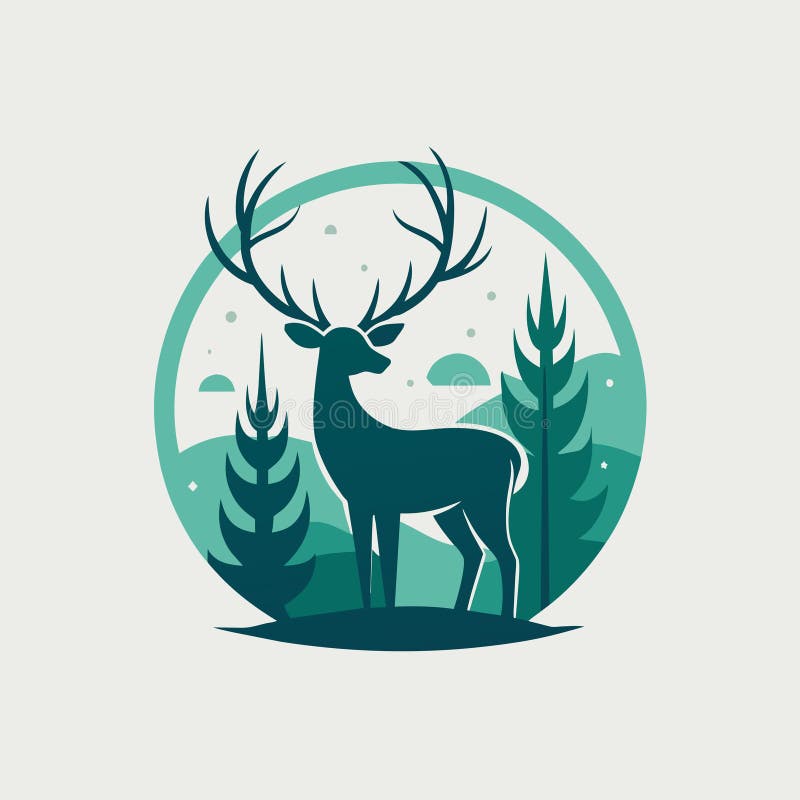 A minimalist illustration featuring a deer standing peacefully in a serene forest setting, surrounded by trees and hills, Deer in vector illustration