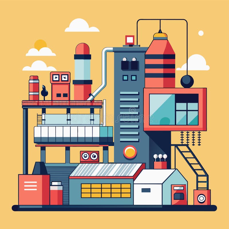 A Minimalist Illustration of a Modern Industrial Complex Under a Sunny Sky, A minimalist design reflecting the precision and royalty free illustration