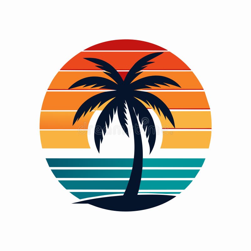 Minimalist illustration of a palm tree silhouette against a sunset beach, Beach sunset with palm tree silhouette vector illustration