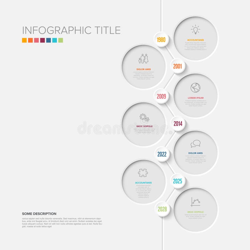 A clean infographic timeline design featuring circular elements for data presentation. This infographic timeline is ideal for showcasing steps, a history, or a process in a clear visual timeline. History timeline vertical vectors