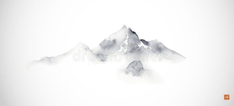 Minimalist ink painting of misty mountain on white background. Traditional oriental ink painting sumi-e, u-sin, go-hua