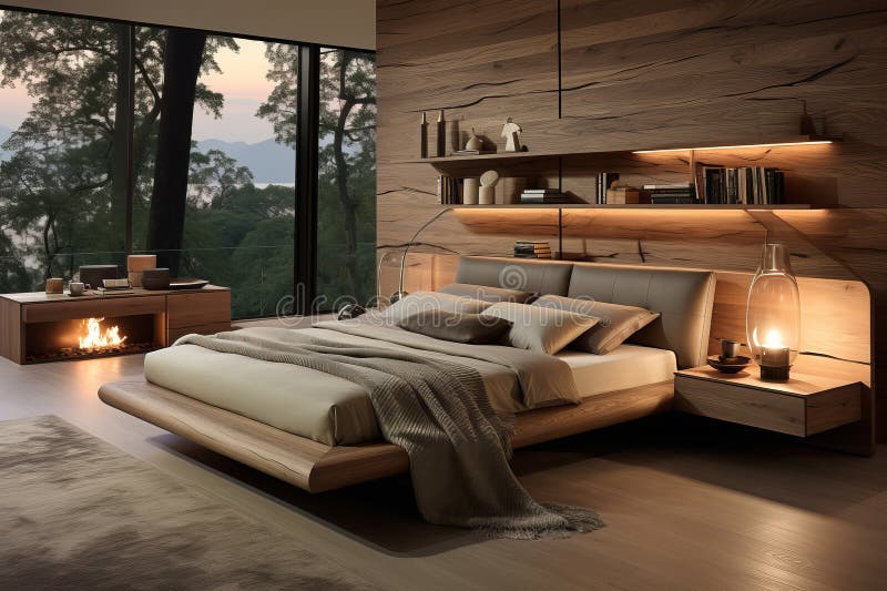 Minimalist Interior Design of Modern Bedroom. AI Generated Stock
