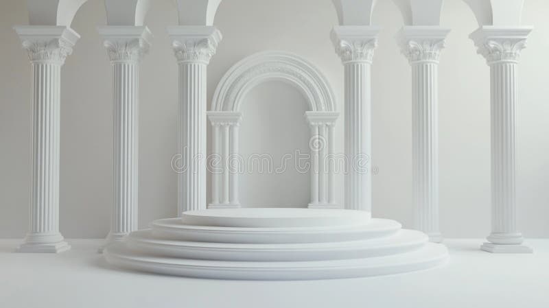 Elegant white architectural space with columns and a circular arch. Generative AI royalty free illustration