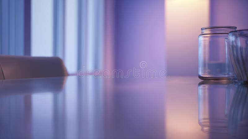 Minimalist interior with reflective surface and glass jar in tranquil purple and blue lighting stock illustration
