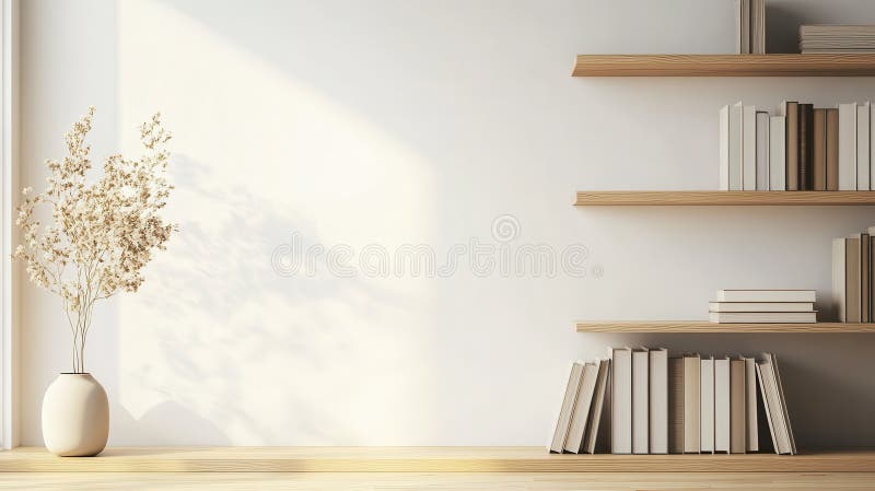 Minimalist interior with shelves, books, and a vase, creating a serene atmosphere stock illustration