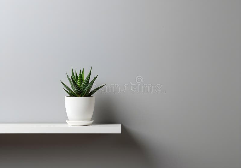 A minimalist interior with a succulent in a white pot placed on a clean white shelf stock images