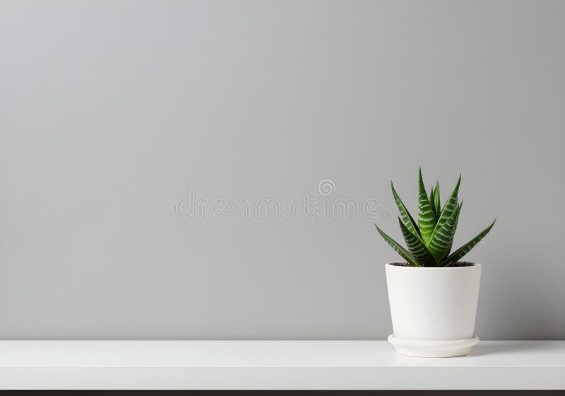 A minimalist interior with a succulent in a white pot placed on a clean white shelf royalty free stock photography