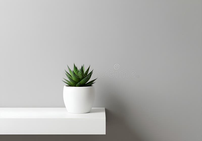 A minimalist interior with a succulent in a white pot placed on a clean white shelf royalty free stock photo